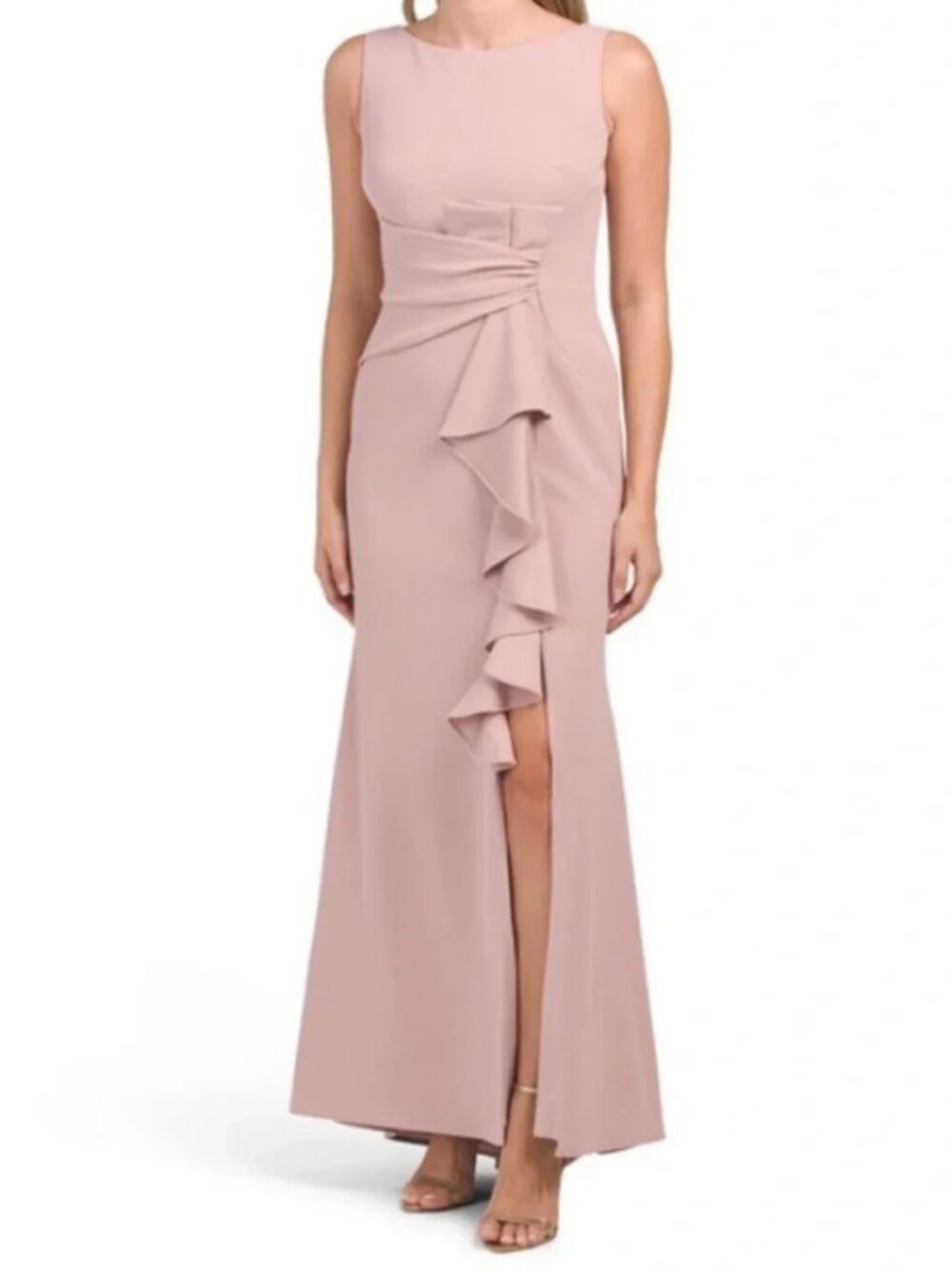 Betsy & Adam ✨ Ruffle Cascade Gown Size 8P Rose Front Slit NWT